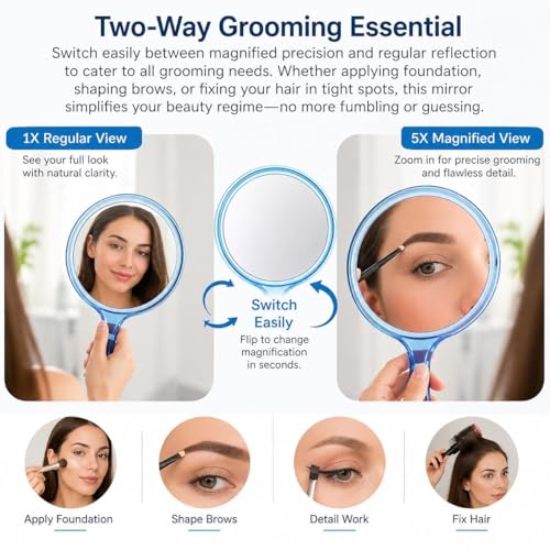 Image of Transparent Hand Mirror 1X /5X Magnification - 5‑inch Round Acrylic Mirror with Handle & Hanging Hole - Lightweight Portable Makeup & Grooming Tool (Blue Small)