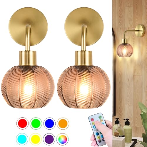 Image of Vintage Battery Operated Wall Sconces Set of Two 2,Wireless Rechargeable Wall Sconce with Remote,Gold Wall Lamp with Glass Lampshade,Dimmable Wall Light Fixtures For Bedroom Bedside Living Room Decor