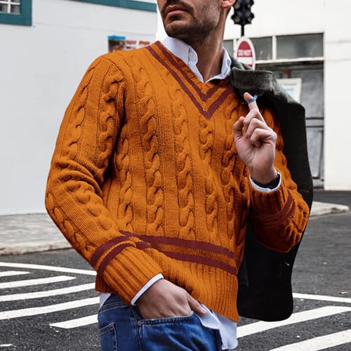 V Neck Sweater for Men Slim Fit Cable Knit Chunky Long Sleeve Pullover Fall Winter Fashion Twist Sweaters2