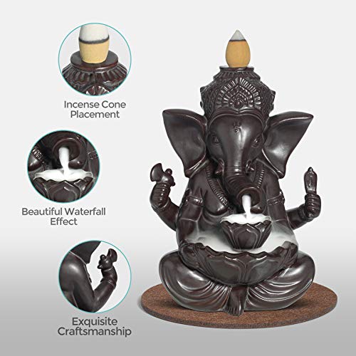 Comsaf Waterfall Backflow Incense Burner Ceramic, Handmade Censer Incense Cone Holder Fountain, Aromatherapy Elephant Ornament Home Decor Porcelain Yoga Meditation Relaxation Office Gift, Ganesha #TOP2