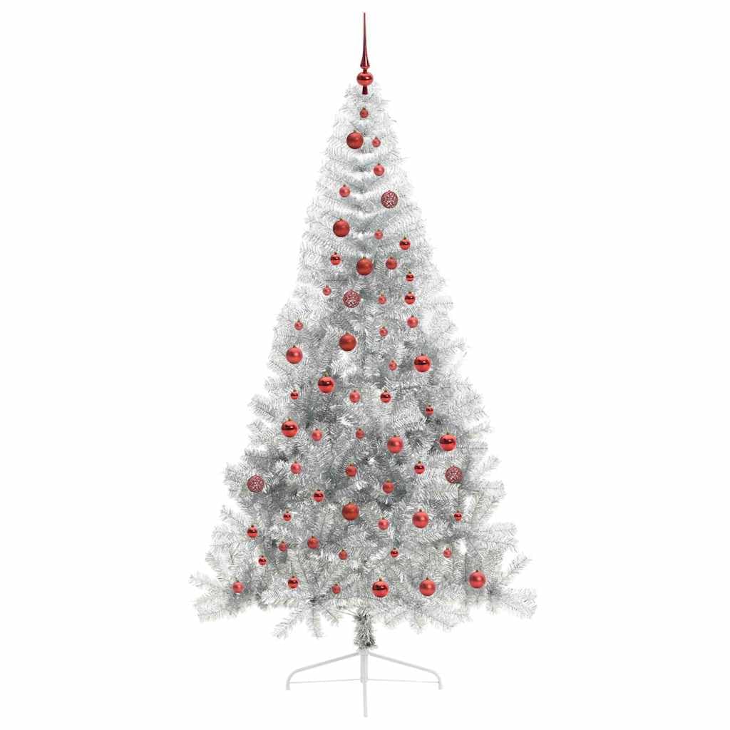 Sztuczna podświetlana choinka srebrna, 210 cm, PET odporna na promieniowanie UV, 300 diod LED o ciepłej białej barwie, do użytku wewnątrz i na zewnątrz, ze stojakiem i kulkami