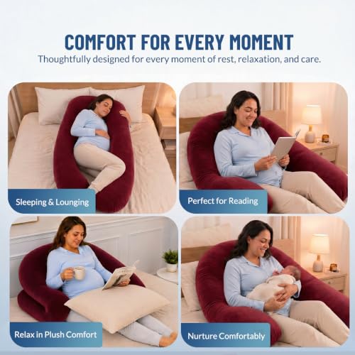 Image of Amazon Basics Full Body Pregnancy Pillow for Maternity,Baby Nursing,Full Body Support-Abdomen,Hip,Spine,Neck&Leg Support Cushion| Perfect Baby Shower Gift | U-Shaped-Washable Cover with Zip - Maroon