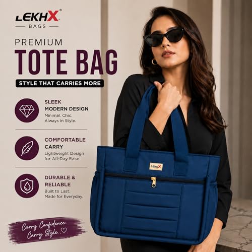 Image of LX LEKHX Tote Bag for Women | Lightweight Shoulder Handbag with 2 Main Zip Compartments & Multiple Pockets | Water Resistant Polyester Fabric | Office, Travel & Daily Use