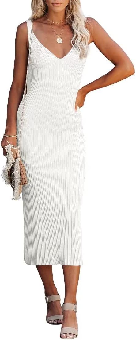 Lacozy Women's 2026 Summer Bodycon Midi Dress Sexy V-Neck Sleeveless Sweater Dress Casual Tank Top Dresses