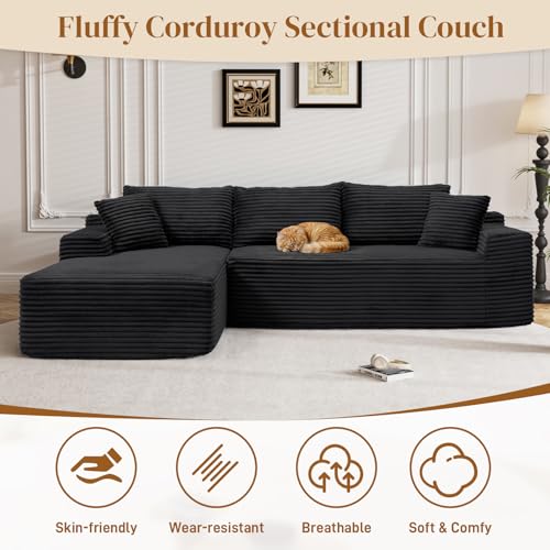 Image of 95 inch L Shaped Boneless Sectional Couches, Wide Armrest, Deep Seat, Memory Foam, Assembly Free, Modern Comfy Corduroy Fluffy Cloud Sofa with Left Chaise for Living Room, Small Spaces, Black