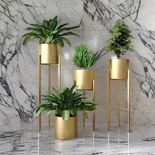 Image of NMT Metal Flower Plant Pots for Living Room, Bedroom | Tall Indoor Planters Pots Self Watering Rust-Free for Home Decor Living Room Set 3 || Golden