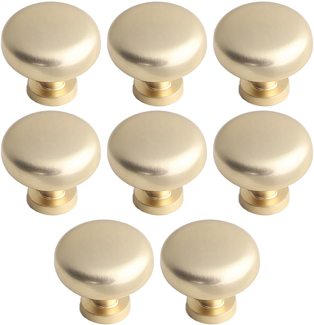 8 Pack Gold Cabinet Knobs 1.1" Brushed Gold Drawer Knobs Zinc Alloy Single Hole Pulls for Dresser 28mm Round Cupboard Handles for Kitchen Wardrobe Cabinet Bathroom Hardware