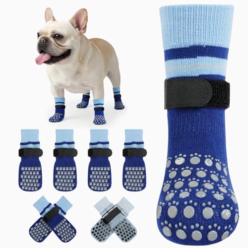 Kuoser Dog Socks, Non-Slip Dog Grip Sock for Hardwood Floors, No Twist Dog Boots & Paw Protectors 4 Pcs Anti-Scratch Hot Pavement Winter Snow Socks for Small Medium Large Senior Dogs, Blue M