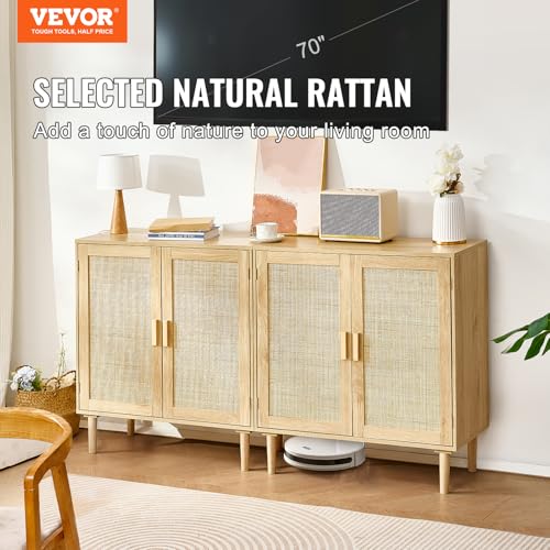 VEVOR Rattan Buffet Cabinet with Storage, 4 Magnetic Doors and Adjustable Shelves, Sideboard for Hallway, Living Room, Kitchen, Natural by VEVOR - Image 2