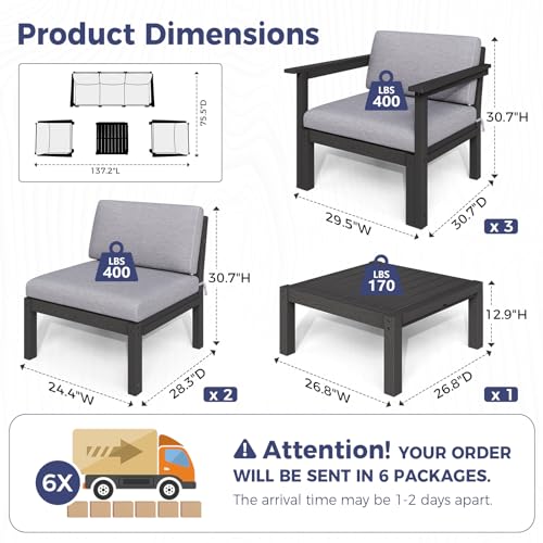Image of Modular Outdoor Patio Conversation Set, 6-Piece HIPS Sectional Sofa with Coffee Table & Thick Cushions- Side Interlock & Detachable Armrest, All-Weather Patio Furniture Set for Backyard,Deck,Poolside