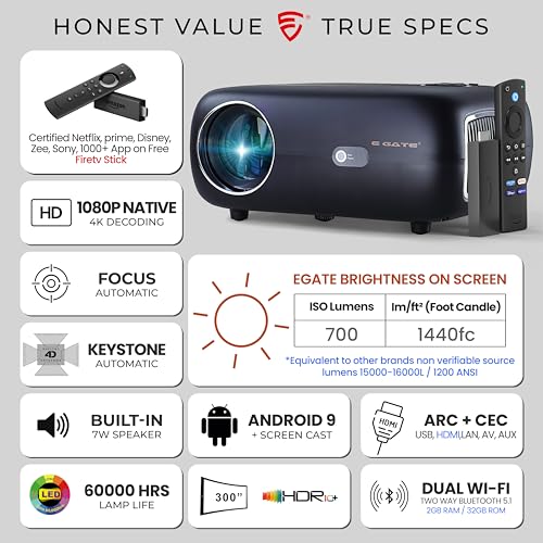 Image of E Gate K9 Pro-Max 7X + FTS Automatic Projector with Certified Netflix, Prime | 700 ISO Lumens | Full HD 1080p Native | Auto (Focus + Keystone) | 2 HDMI, 2 USB, Dual WiFi & BT | Egate