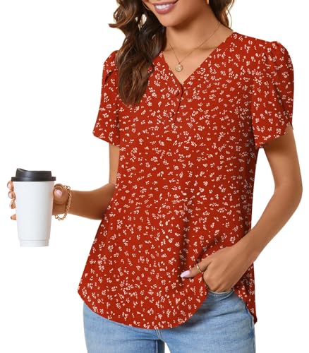CATHY Womens Casual Summer Tops Dressy Petal Short Sleeve Chiffon Shirts Button Up V Neck Tunic Blouses3