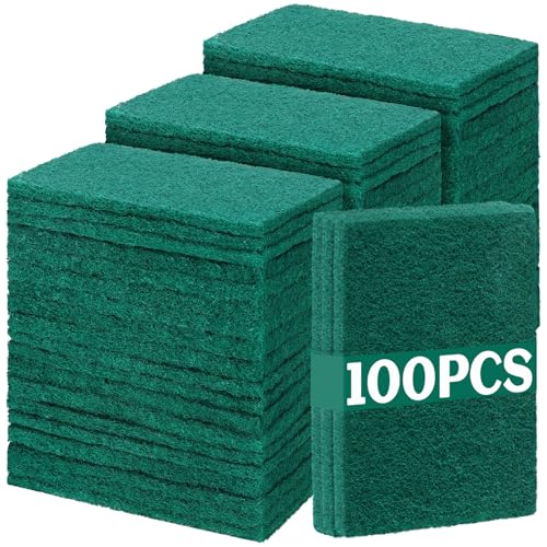 Image of Hoolerry 100 Pcs Non Scratch Scouring Pads for Kitchen Dish,Green | Reusable Anti Grease Scrubbers, for Pan Metal Grills Cookware, Household Cleaning Dishwashing, 4.3 x 3 x 0.3 Inch Size