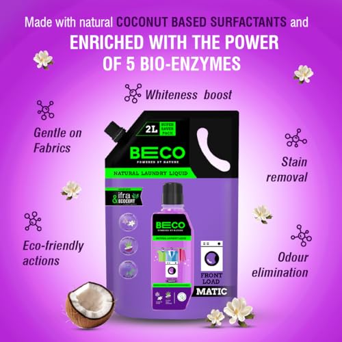 Image of Beco Natural Liquid Detergent Front Load - 2L Refill Pack | Tough Stain Removal | Lavender & Vanilla Freshness | Retains Brightness & Shine | Chemical Free | Front Load Washing Machine Liquid