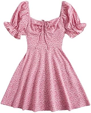 SheIn Women's Ruched Drawstring Puff Sleeve Short A Line Swing Flared Dress Dusty Pink L