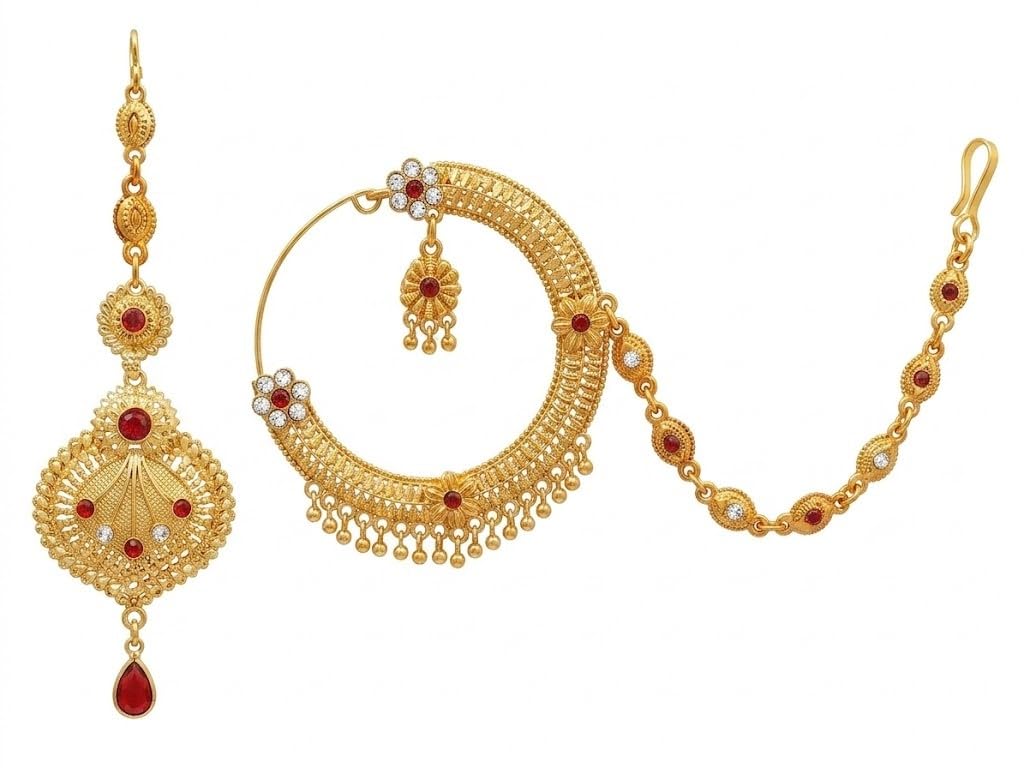 Gold-Toned Nath Nose Ring with Maang Tikka, Red and White Stone Embellished, Pahadi Nath with Mangtikka, Himachali,Kumaoni,Rajasthani, Rajputani, White flower-image-34