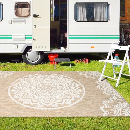 homeart Outdoor Rug - Easy-Clean, Durable, Stain-Resistant, Weather & UV Resistant Indoor & Outdoor Rugs for Porch, Deck, Balcony, Garden, Picnic and Patio | Mandala Natural, Cream - 120x170cm
