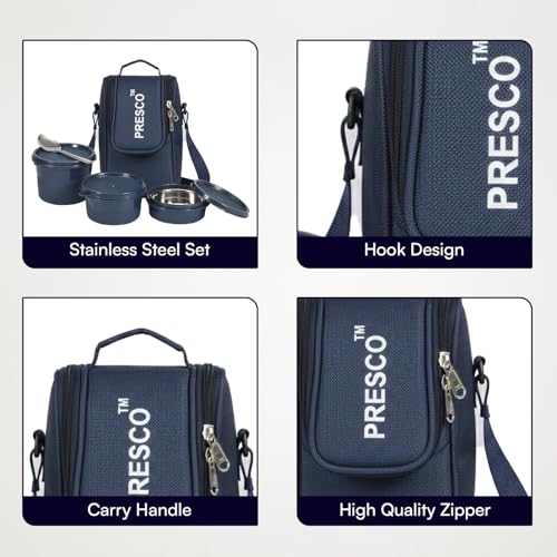 Image of PRESCO Insulated Lunch Box Set (3 Microwave Safe Inner Steel Containers,600 /450 /290ml; with Steel Spoon) with Insulated Fabric Bag, Lunch Box for Office Use, Leak Proof, Tiffin Box for Men