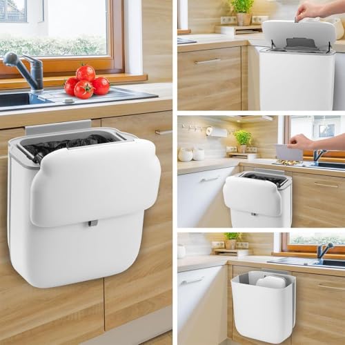 Mfqire Cubo de basura colgante plegable de 10L con tapa, para cocina, camping, coche, baño, oficina y dormitorio, papelera compacta para puerta de armario o pared