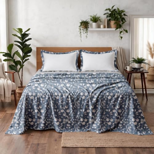 Image of Linen Home Cotton Percale Flat Bedsheet Set King Size Blossomy Blue