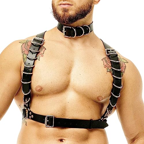 TARZNGGLOP Men's Harness Belt Costume with Leather Bandage Collar, PU Leather Body...