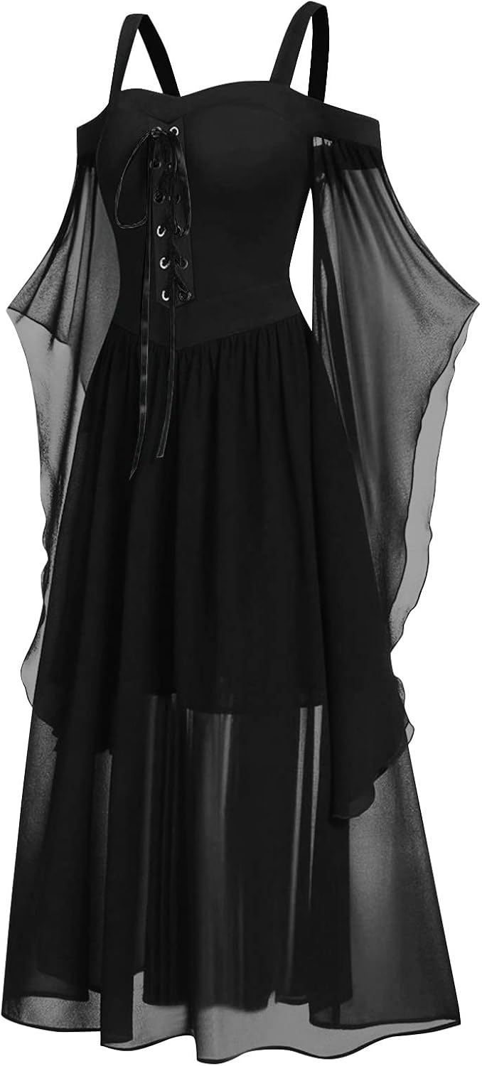 Renaissance Gothic Dress for Women Halloween Costume Off Shoulder Lace Trumpet Sleeve Dresses Medieval Steampunk Dress - Image 2