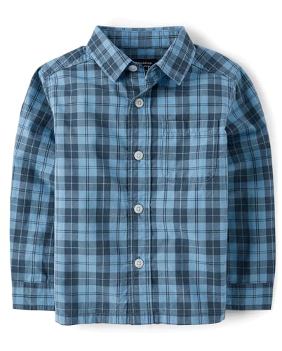The Childrens Place Baby Boys and Toddler Poplin Long Sleeve Button Down Shirt Pearl Blue Plaid 4 Years
