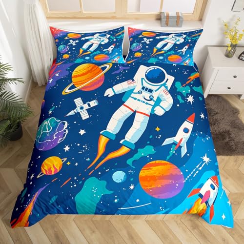 Homemissing Cosmonaut Spaceman Duvet Cover Set King Size For Kids Boys Teens Universe Planets Bedding Set Space Rocket Comforter Cover Set Outer Space Room Decor Quilt Cover with 2 Pillowcase - Image 3