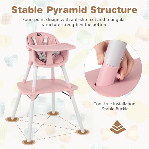 Image of BABY JOY High Chair, 5 in 1 Convertible Highchair for Babies & Toddlers | Booster Seat | Table and Chair Set | Infant Feeding Chair with Removable Tray, Safety Harness, Removable Cushion (Pink)