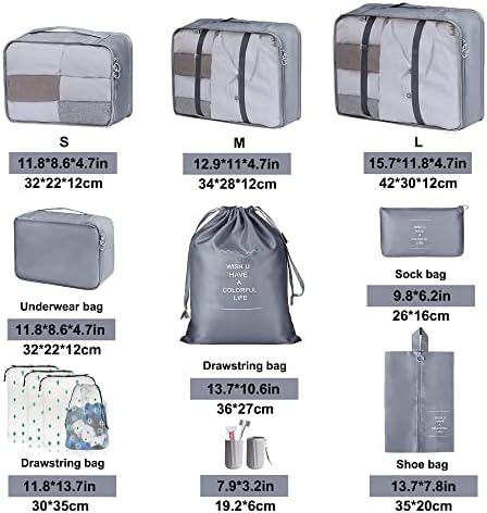 Packing Cubes for Suitcase,ZDKGER 12 PCS Packing Cubes Travel Luggage Organizers Waterproof Suitcase Organiser Bags Travel Essentials Bag Clothes Shoes Storage Bags - Grey