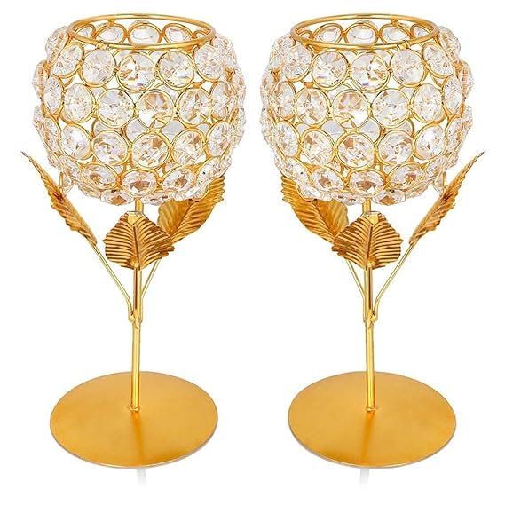 Larko India Gold Plated Crystal Candle Holder Tea Light Stand Votive | Decorative Tealight Holders for Home Office Living Room Indoor Garden Dining Centerpiece Decoration (Pack of 2)-image-22