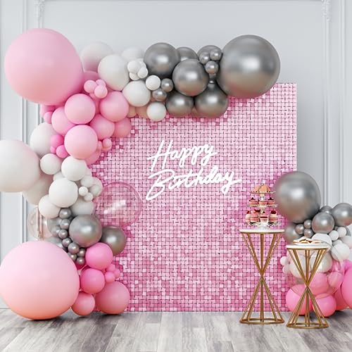 Image of Shimmer Wall Backdrop Pink Iridescent Square Sequin Wall Panel Backdrop Decor for Wedding, Anniversary, Birthday, Party, 12 Panels
