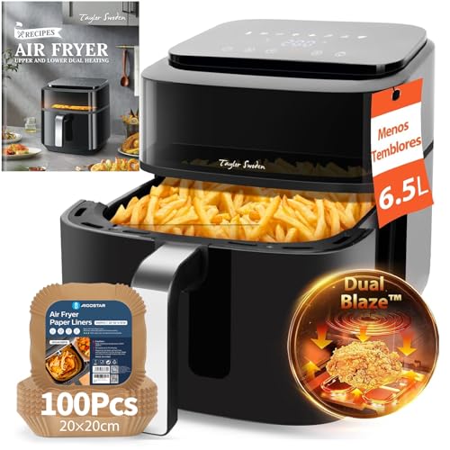 Taylor Swoden Freidora Aire 6,5 Litros Dual Blaze™ Air Fryer 1800W con Ventana, EvenlyCook, 8 Programas, Panel Táctil, Interior Metálico, Apta para Lavavajillas, Con Papel Freidora Aire 100 Unidades