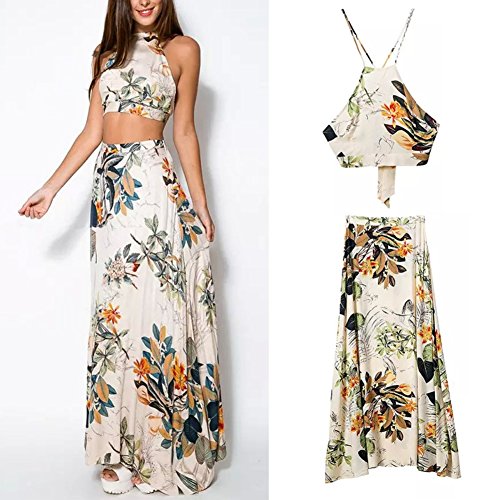 Efinny Conjunto de blusa e saia, estampa flora, crop top com bandagem, saia maxi, para praia, estilo
