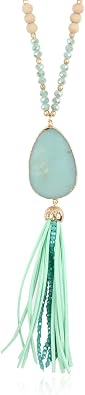 RIAH FASHION Bohemian Pendant Beaded Long Statement Necklace - Sparkly Crystal Bead Boho Teardrop, Natural Stone, Tassel Charm Wrap Lariat