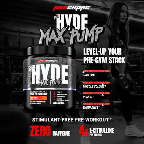 Image of ProSupps Mr. Hyde Max Pump Pre Workout Powder - Stim-Free Preworkout Supports Blood Flow, Muscle Volume & Endurance - Caffeine-Free Nitric Oxide Gym & Fitness Supplements (Fruit Punch, 20 Servings)