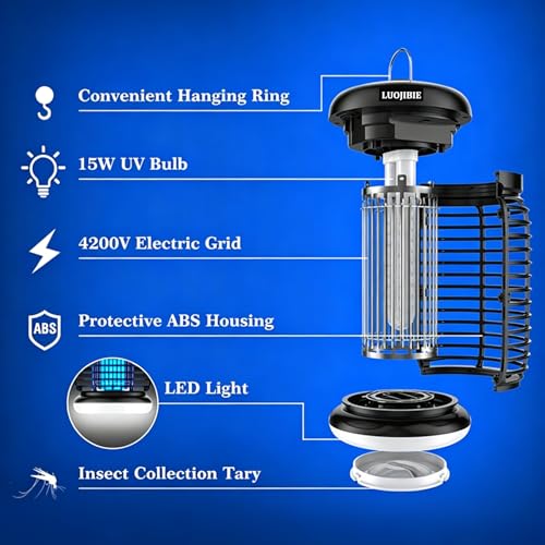 Image of LUOJIBIE Bug Zapper Outdoor, Electric Mosquito Killer Fly Trap with UV /LED Light, 4200V High Voltage Waterproof Flying Insect Zapper for Backyard Patio, Indoor Mosquito Zapper for Home Garage