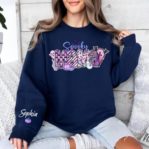 Personalized Spooky Grandma Halloween Sweatshirt, Custom Name on Sleeve, Cute Ghost Pumpkin Design3