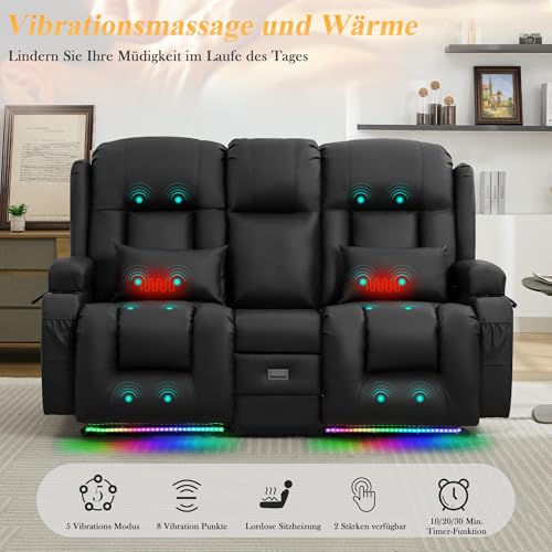 LIFTSHA Zweisitzer Relaxsessel mit Liegefunktion, Fernsehsessel Elektrisch Verstellbar mit Heizung & Vibrierende Massage, TV Sessel Heimkino Sitze mit Multimedia Mittelkonsole, Kunstleder, Schwarz – Bild 5