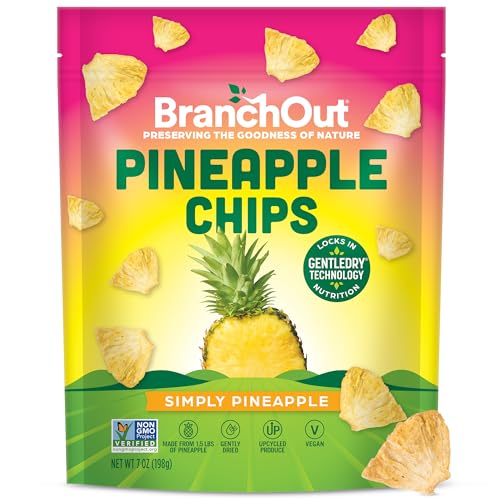 BranchOut Pineapple Chips, No Added Sugar, Real Dried Pineapple Chunks, 100% Fruit, Better than Freeze Dried Pineapple, Healthy Vegan Snacks for Kids & Adults, 7 oz