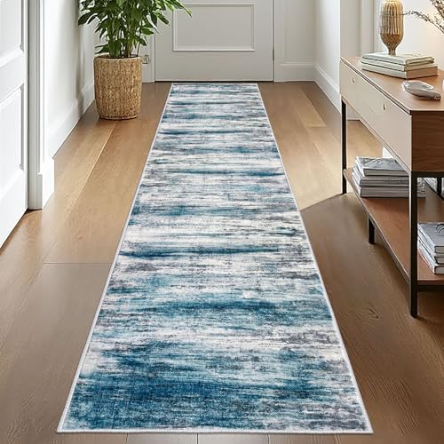 KOZYFLY Modern Abstract Kitchen Runner Rug, 2x10 Washable Rug Runner Non-Slip Soft Striped Hallway Runner Rugs, Light Blue Print Distressed Carpet Runner for Entryway Bathroom Laundry Room Foyer