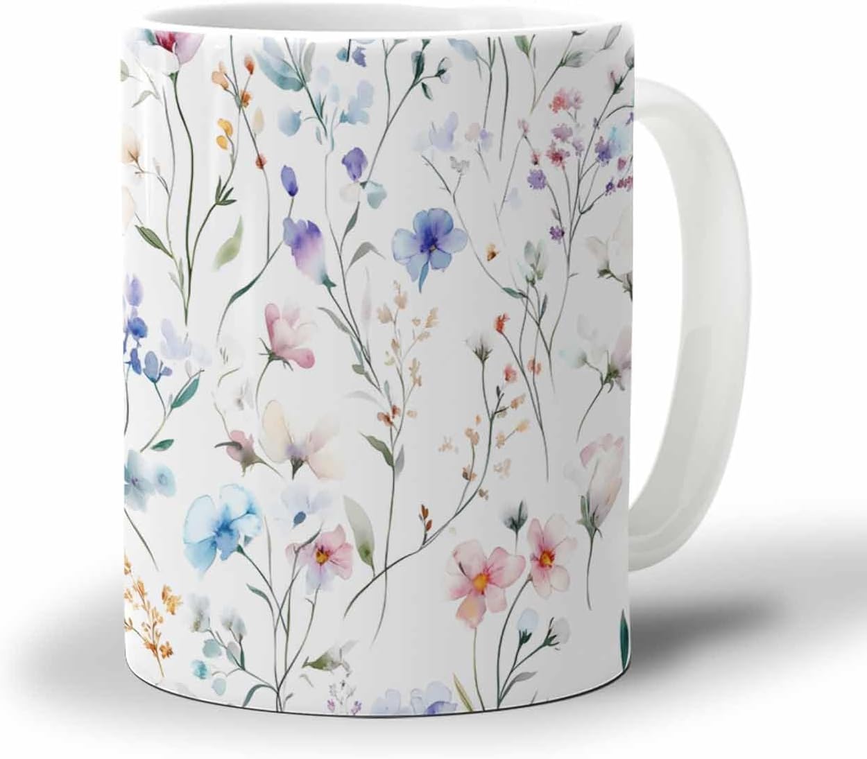 BEMIGO Ceramic Coffee Mug Country Flowers Ceramic Mug White Cup, Watercolor Blue Pink Insulated Coffee Cup with Handle with Pattern Perfect for Tea and Hot Beverages, 12oz