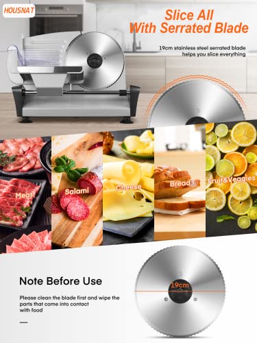 Brotschneidemaschine 150W, HOUSNAT Allesschneider Elektrischer mit 19cm Edelstahlklingen, Wurstschneidemaschine mit Verstellbare Küchenmaschine 0 bis 15mm für Fleisch/Brot/Obst/Wurst, Silber – Bild 4