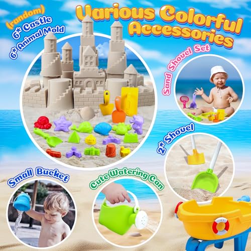 LONHEO 30Pcs Beach Toys for Kids Toddlers, Travel Sand Toys Set with Beach Buggy, Hourglass, Yacht Trolley, Shovel, Sand Castle Toys Kit, Marine Animal Molds, Sandbox Toys for Boys Girls Age 3-6 - Thumbnail 2