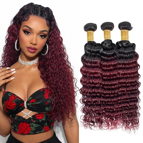 Deep Wave Human Hair Bundles Color T1B/99J Ombre Black to