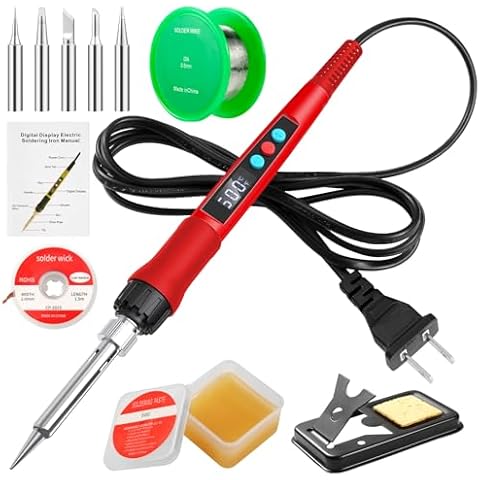 Soldering Iron Kit, 100W LED Digital Solder Iron Soldering Gun kit with Ceramic Heater, Adjustable Temperature Soldering Kit with Tips, Solder Wick Braid, Stand, Solder Wire, Sponge, Flux Paste, Red Cover