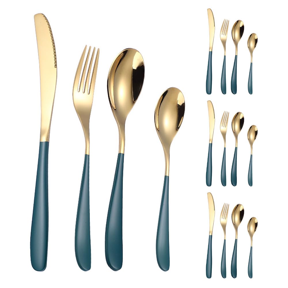Manico Ispessente Cucina Posate in Acciaio Inossidabile Stoviglie Posate Set Di Posate Coltello Da Bistecca Forchetta Cucchiaio Cucchiaino (Verde Argento,16 pezzi)