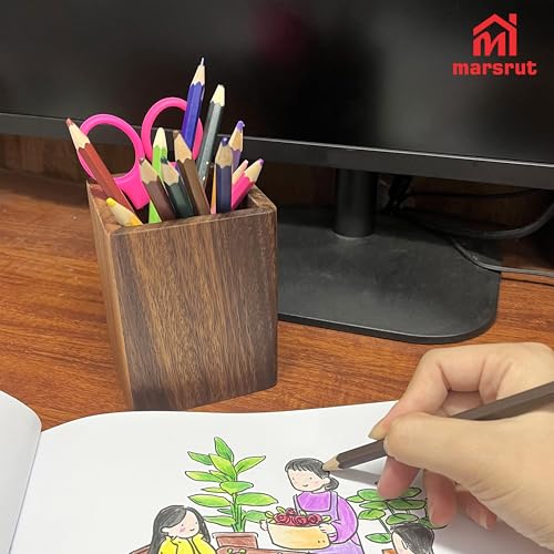Wooden Pencil Holder for Desk, Wood Pen Black Walnut Cup Holder Square Handwork Natural Organizer Simple Stand for Pencils Make up Brushes Stationery Desks Offices Desk Desktop Decoration (Brown) - Image 6
