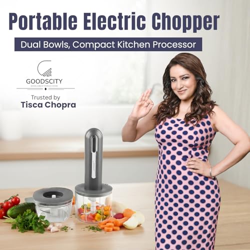Image of Goodscity Portable Mini Electric Chopper| Dual Bowls 400ml & 200ml| Rechargeable Cutter for Kitchen, Babyfood| Vegetable Cutter for Garlic,Ginger,Onion,Nuts|1300mAh Strong Battery| 1 Year Warranty