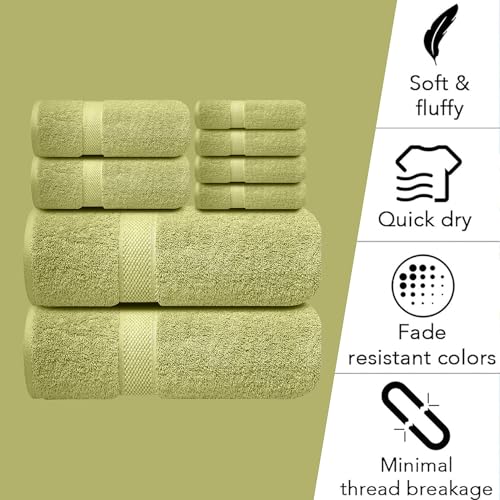 Image of Sulfar 100% Combed Cotton, 8 Pcs Towel Set - 2 Bath Towels (70 x 140 cm), 2 Hand Towels (40 x 70 cm) and 4 Face Towel (30 x 30 cm) (600 GSM, Pack of 8) Misty Green